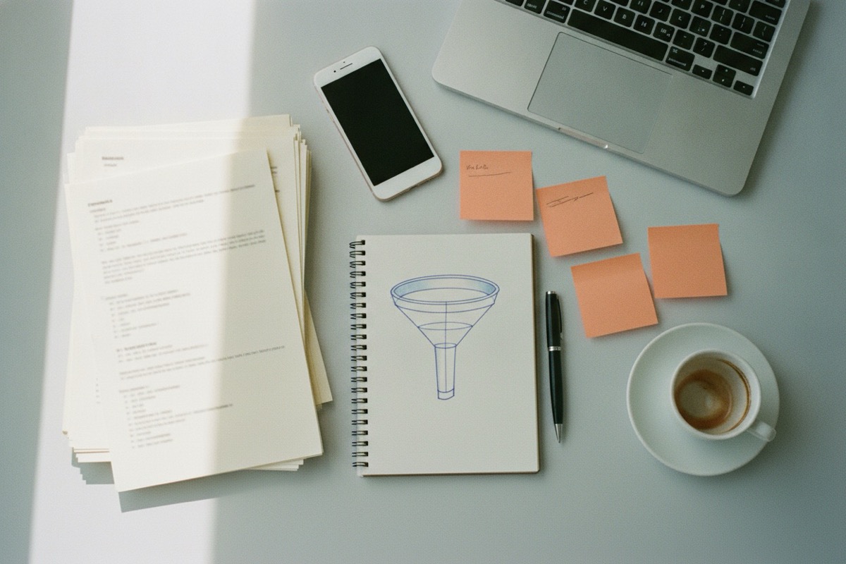 Bureau vu de dessus avec carnet, entonnoir dessiné, téléphone, post-it orange et documents